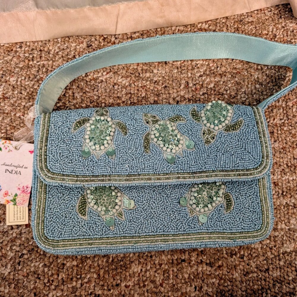 Viral Turtle Blue/Green Beaded Bag Staud Tommy Inspired NWT Tik Tok